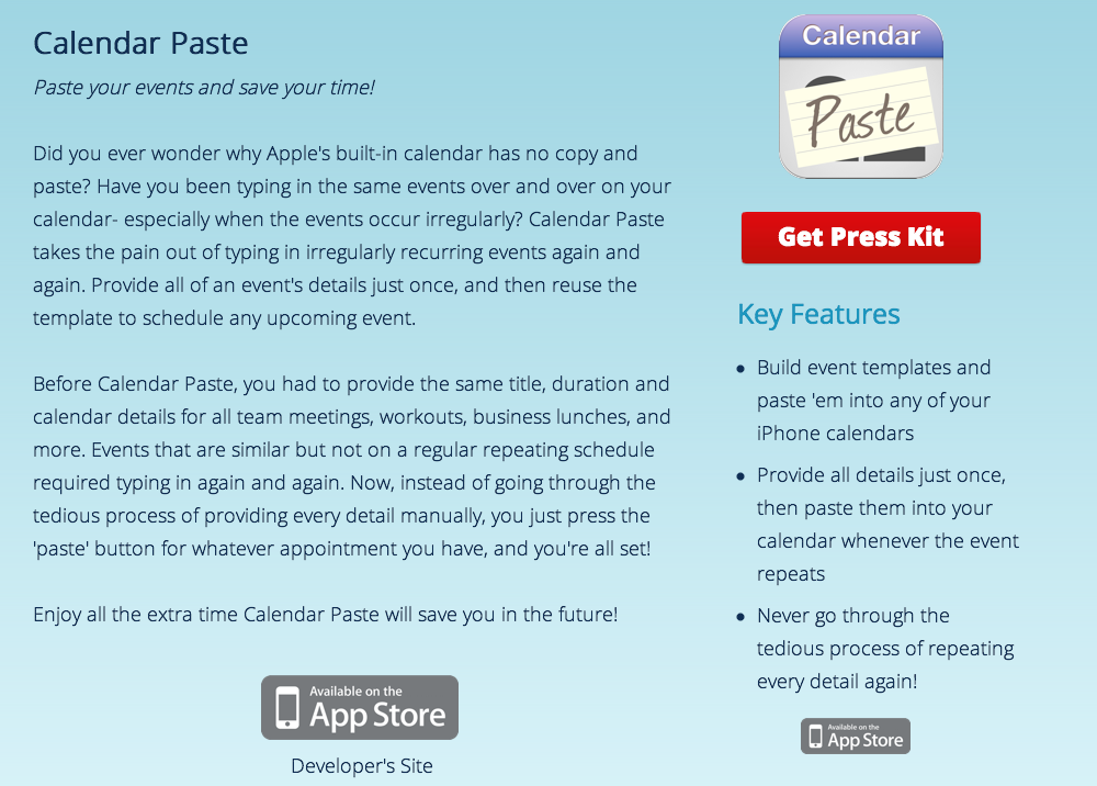 Calendar Paste press release at AppLaunch